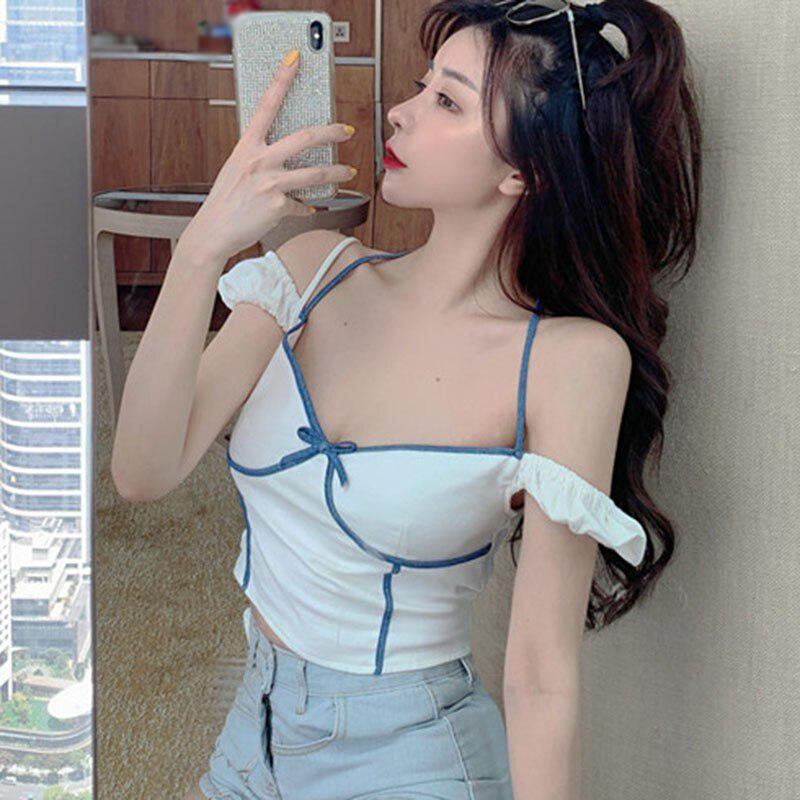 Women's Korean Style Tee Shirt V Neck Slim Sexy Exposure Navel Short-Sleeved Halter T-shirt Tops
