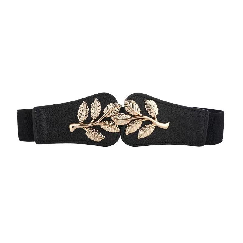 Women's Waist Cover Fashionable Gold Leaf Elastic Waist Closure With Double Hook Buckle Wide Belt Paired With Skirt Women Belt
