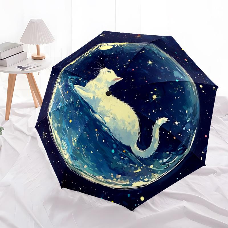 1pc Cosmic Cat Pattern Automatic Folding Umbrella - Compact 8-Rib Design, Durable Plastic & Iron, Lightweight for Outdoor Daily Use045