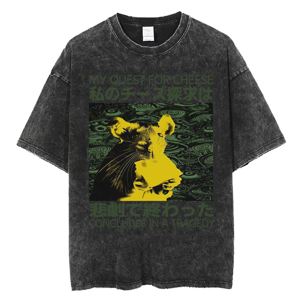Vintage Washed My Quest for Cheese Rat Funny T Shirt Japanese Dark Humor Meme T Shirts Men Women Harajuku Classic Cotton T-shirt S разноцветный