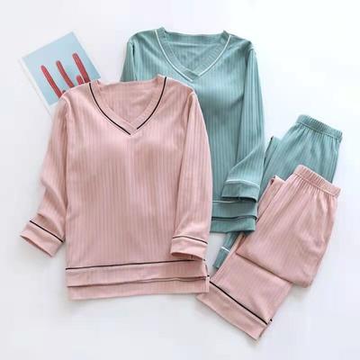 Neue Frühling und Herbst frauen Pyjamas Set V-ausschnitt Baumwolle Faden Gestrickt Langarm Hosen Feste beiläufige zwei-stück hause kleidung