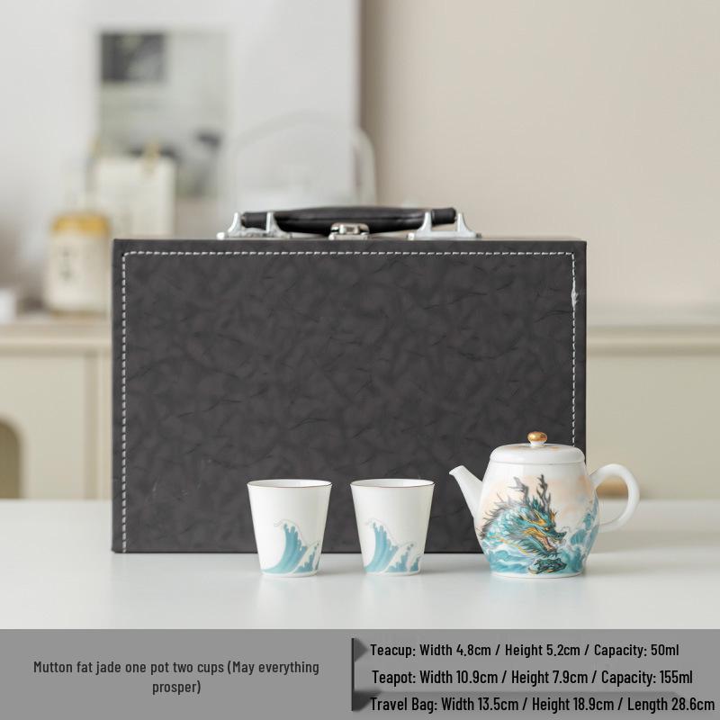 Jade Sheep Fat Porcelain Tea Set: Gaiwan, Gong Dao Bei, Teacup, Teapot.