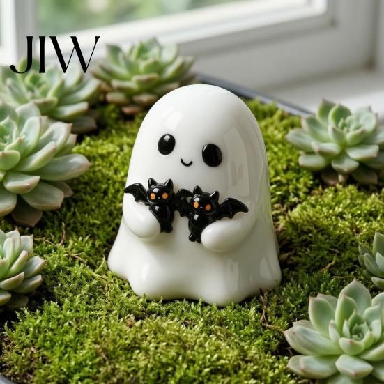 Mini Ghost Ornament for Moss Micro Landscape Halloween Figurine, Cute White Statue with Bats, Decorative Bats Potted Plants Resin Home Mantel Tabletop
