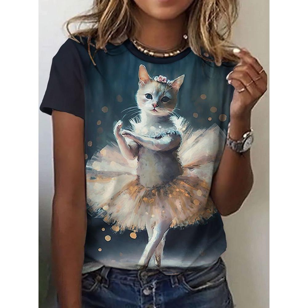 New Cute Cat Dances Ballet T-Shirts 3D Print Women Short Sleeve Round Neck T Shirt Summer Tees Harajuku Y2K Tops Female Clothing