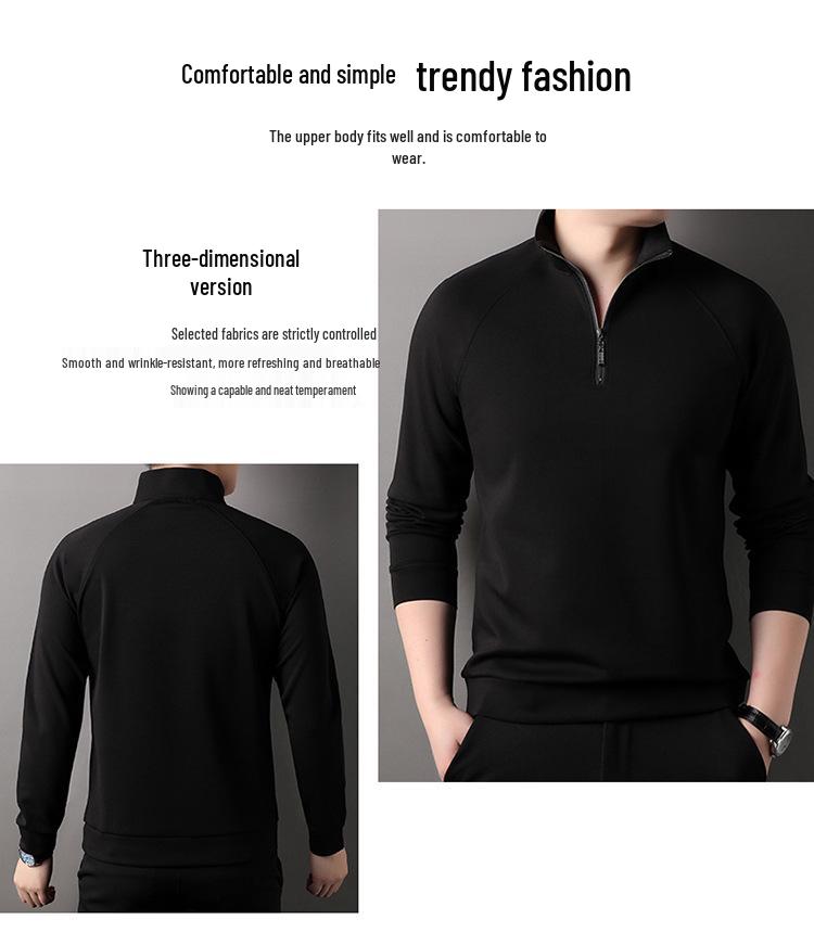 Men's Half-Zip Long-Sleeve Stand Collar T-Shirt, New Arrival for Spring/Autumn, Solid Color, Stylish Base Layer for Middle-Aged & Young Men