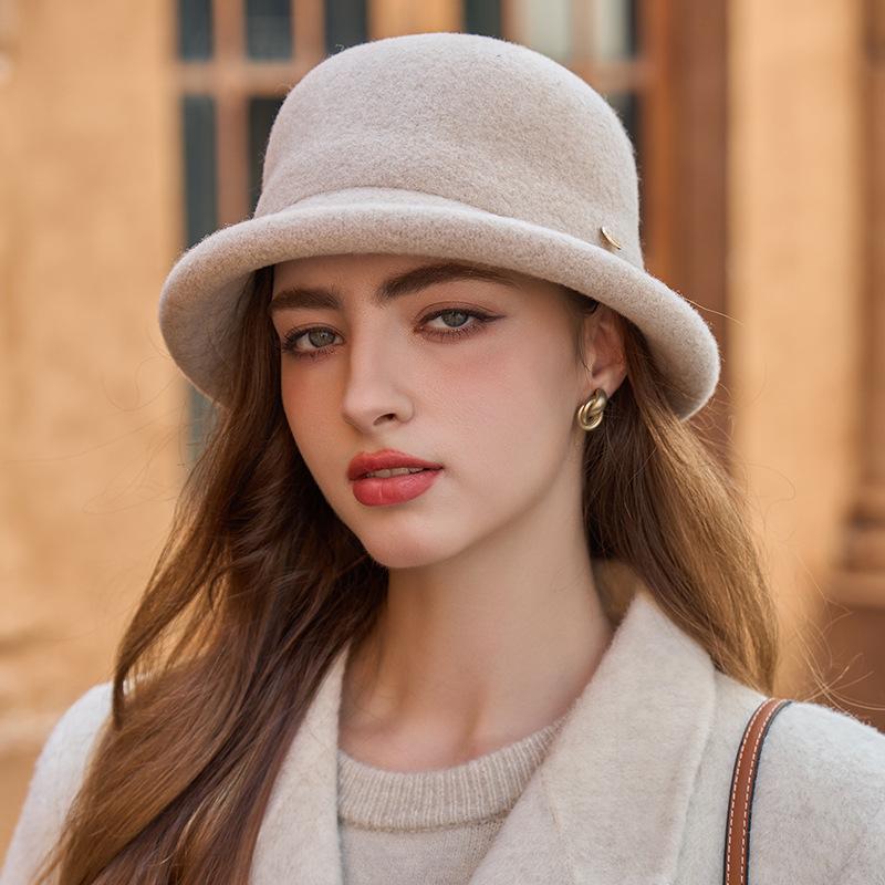 

Новая фетровая шляпа-ведро с загнутыми полями, женская осенне-зимняя модная персонализированная шляпа-ведро, теплая шерстяная шляпа бежевый