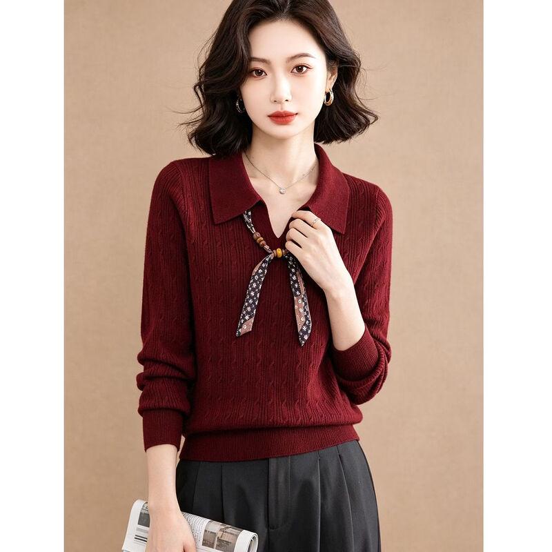 Women's Ribbed Knit Long-Sleeve Collared Sweater with Ribbon Detail