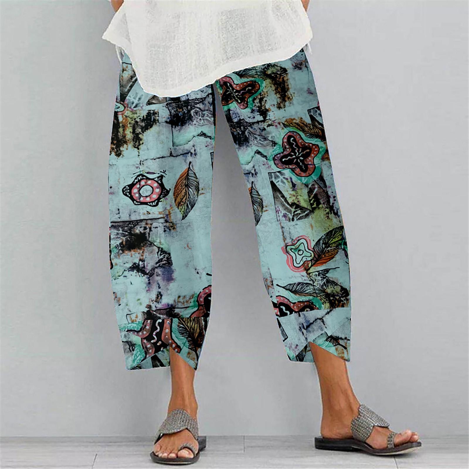

Sweatpants For Women Boho Print Cotton Linen Pants Pocket Casual Pants M