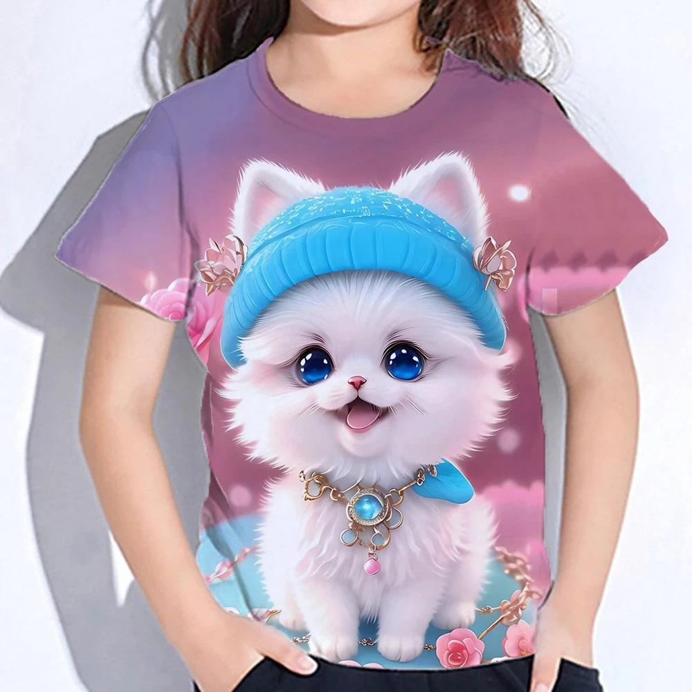 Summer Round Neck 3D Cute Cat Printed Top Fashionable Casual Short Sleeved Children's Girl T-shirts