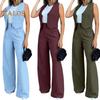 2 Pcs/Set Women Waistcoat Pants Set Formal Business Style Sleeveless Single-breasted Top High Waist Wide Leg Solid Color Trousers OL Commute Outfit