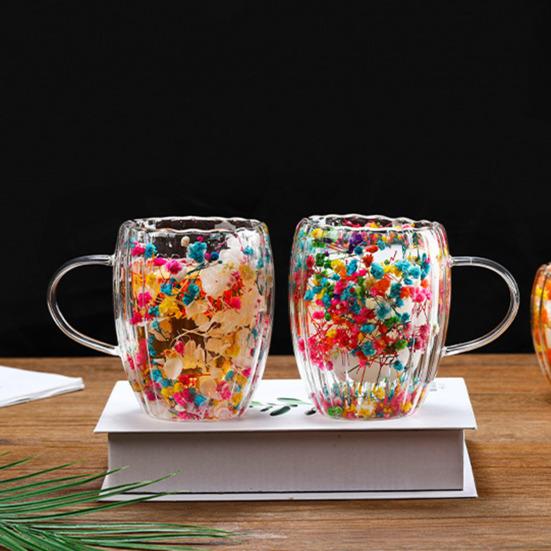 Double-Walled Glass Mug with Dried Flowers 250/350ml Heat Resistant Handle Coffee Cup for Hot Drinks Unique Artistic Glassware