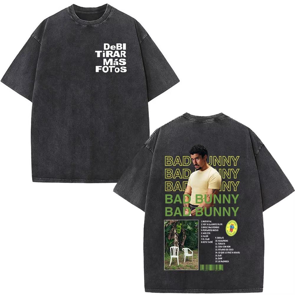 Rapper Bad Bunny T-shirt Debi Tirar Mas Fotos DTMF Album 2026 Washed Vintage T Shirt Men's Women Hip Hop Oversized Male T-shirts