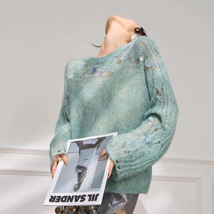 Atmosphere Wear Mint Green Top Women's Autumn Shell Sequin Design Hollow Knitted Sweater