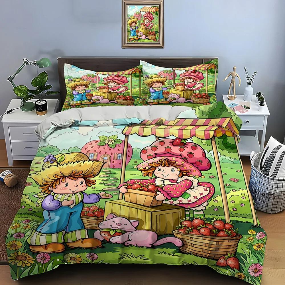 3D Anime Cuete Duvet Cover and Pillowcase, E-Emily Erdbeer Friends Bedding Set, Cute Bedroom Decoration 135x200, Gift for Girls