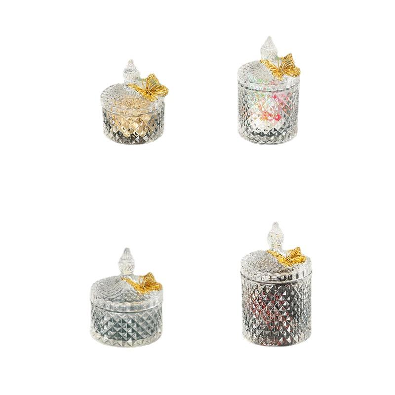 Diamond Glass Candy Jar Household Candle Jar Butterfly Lid Storage Jar Decorative Box Desktop Ornaments Modern Home Decoration