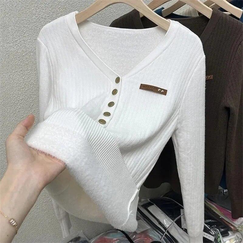 Thicken Warm Plus Velvet Winter Sweaters Women Casual V-neck Button Decoration Design Basic Solid Knit Pullover Bottomed Jumpers