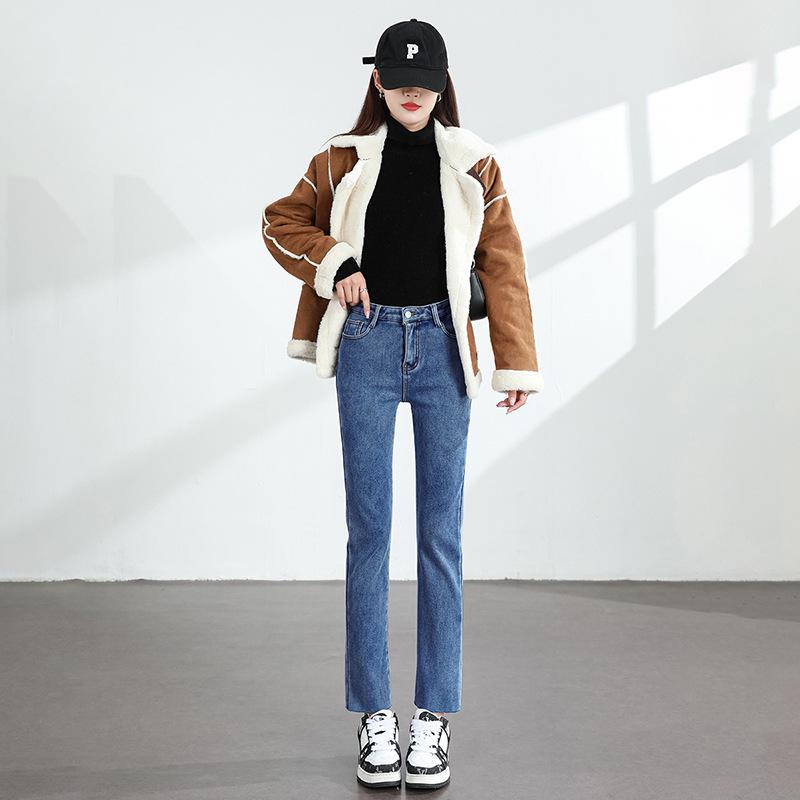 

Женские узкие прямые джинсы с высокой талией и эластичным поясом — маленький размер, длина девять точек, на бархатной подкладке, идеально подходят для весны и осени 29