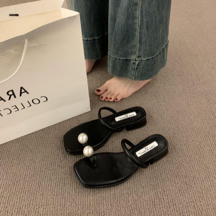 Retro Versatile Pearl Set Toe with Low Heel Evening Slippers Women's Summer Wear 2025 New Sandals Sandals