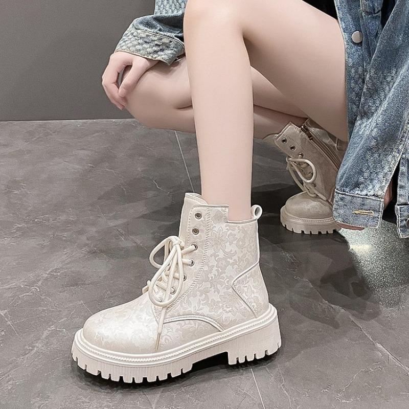 Autumn and Winter New Printed Thick-heeled Retro Short Boots Thick-soled Round Head Fleece Thickened Large-size Martin Boots