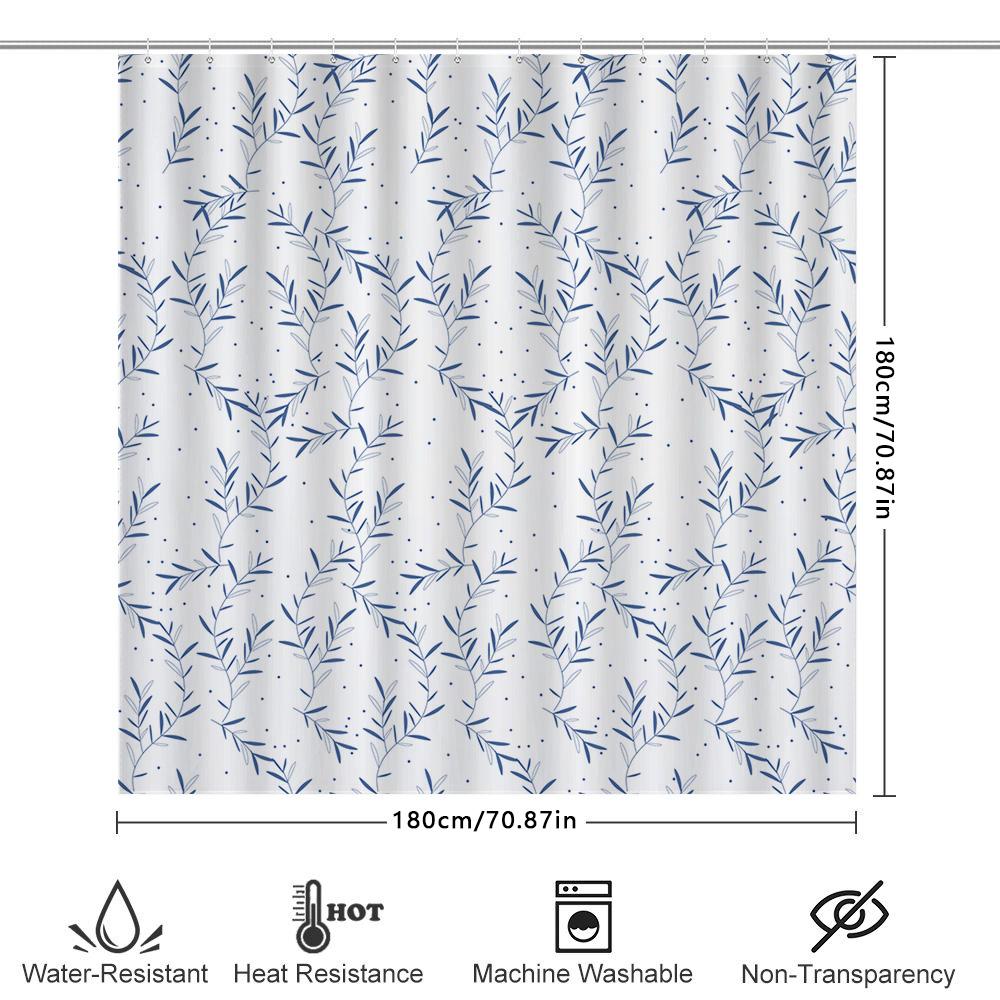 Elegant Blue Leaf Shower Curtain Modern Bath Decor For Bathroom Remodeling Water Resistant Fabric With Hooks (White Navy)