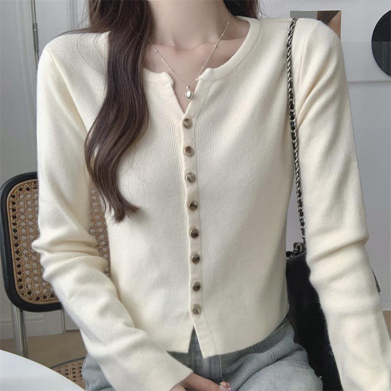 

Приталенный кардиган с длинным рукавом, женский осенний новый однотонный простой и универсальный свитер, базовая рубашка, короткий топ One Size