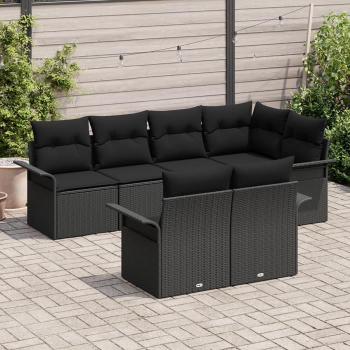 Ensemble de Canapé 7 pièces avec Coussins Noir Rattan Synthétique, Canapé 2 places avec Rangement &amp; Coussins Noir Rattan 3354072