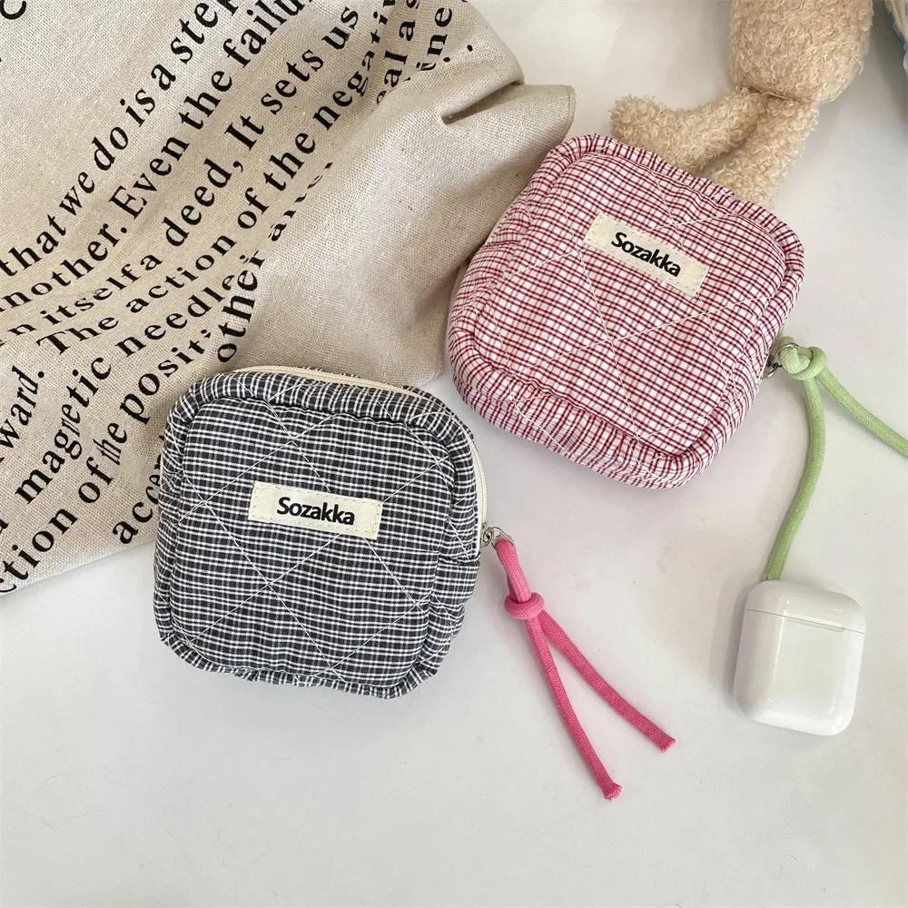 Large Capacity Plaid Bow Print Mini Cosmetic Bag Candy Color Makeup Sanitary Napkin Storage Cotton Cloth Small Item Bag