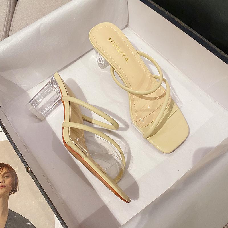 

Transparent cool slippers summer wear 2025 new square head high heel crystal medium heel thick heel sandals women X189-17 35 светло-зеленый