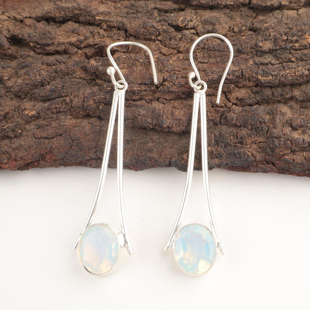 Milky Opal Stone Sterling Silver Boho Dangle Drop Elegant Hook Earrings Jewelry EE-136-14
