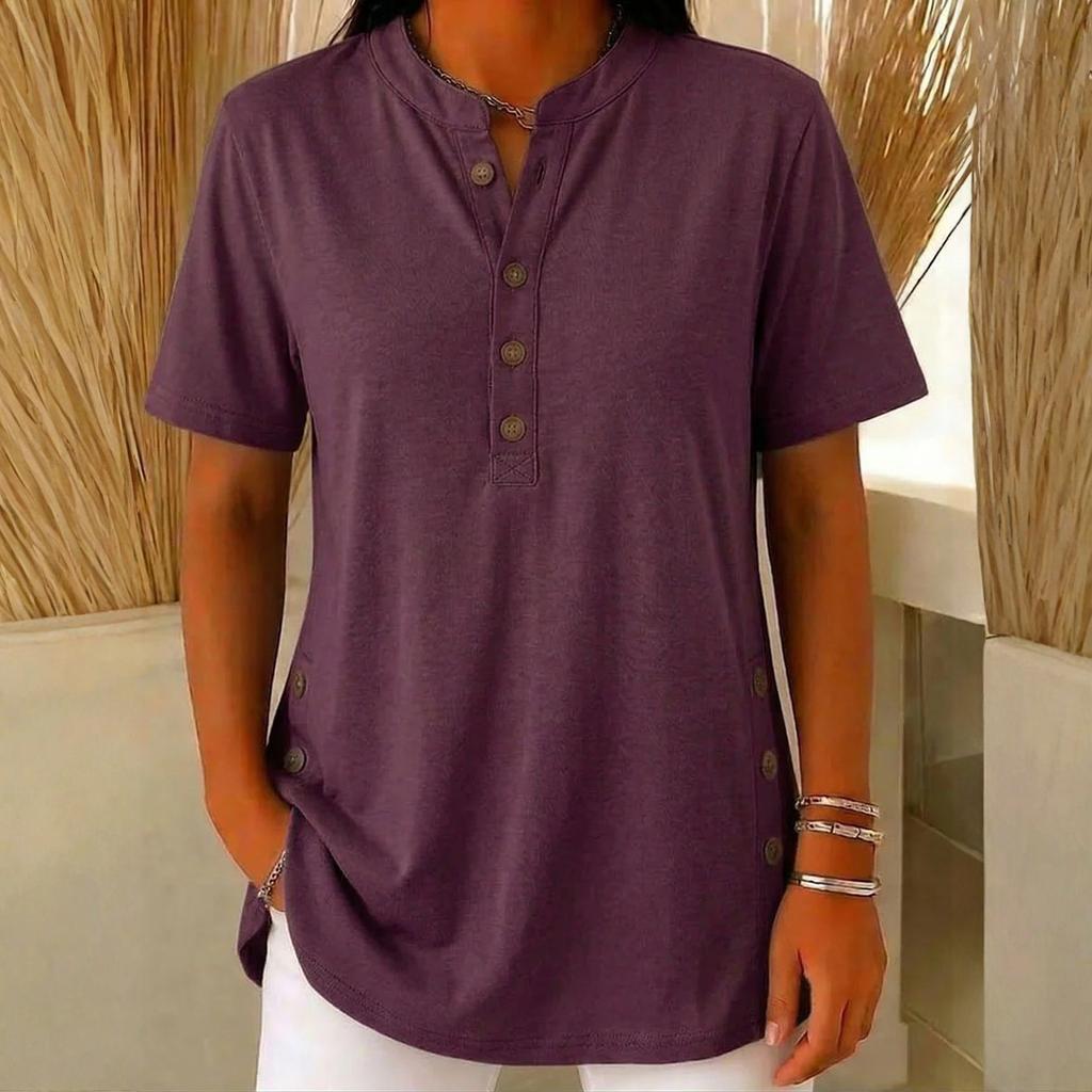 Women's Loose Casual V-Neck Button-Up Short-Sleeve T-Shirt