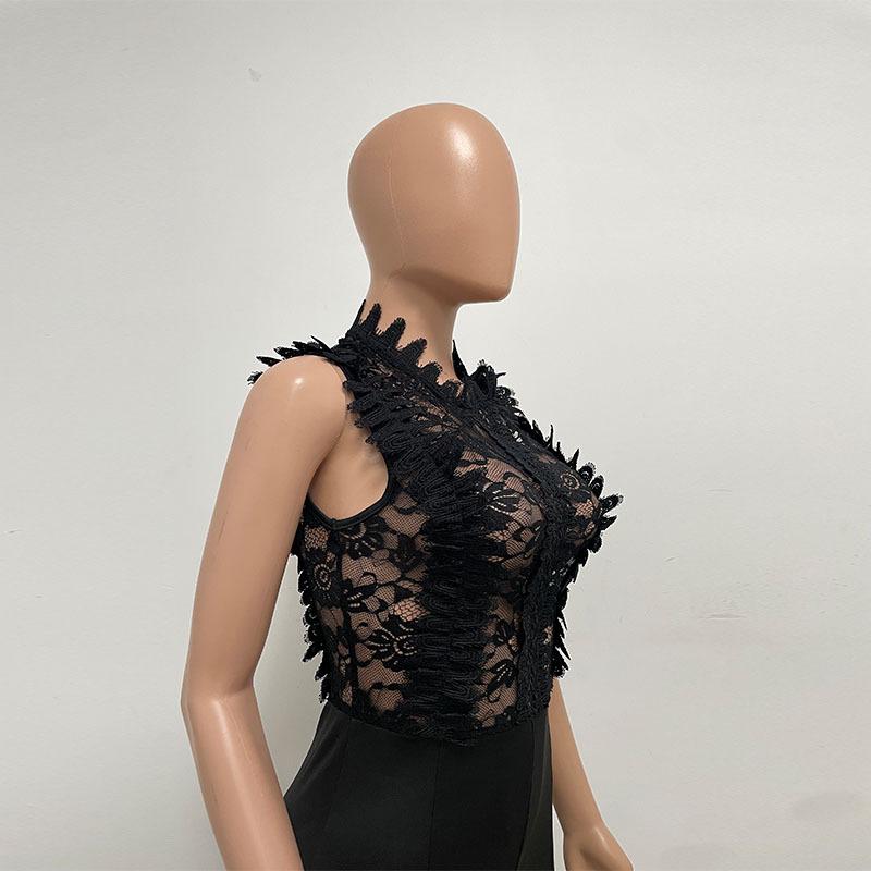 GMXIA Macacão feminino de gola alta, perna reta, renda, crochê, sem mangas