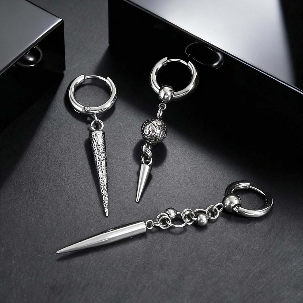 Stainless Steel Punk Gothic Cone Drop Earrings for Men, Fashion Silver Color Long Pendant Earrings, Vintage Hip-hop Jewelry