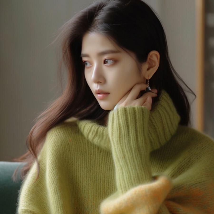 FL232559 Women's Green Turtleneck Sweater: Cozy, Loose Fit Knitwear for Petite Sizes - Perfect for Autumn and Winter.