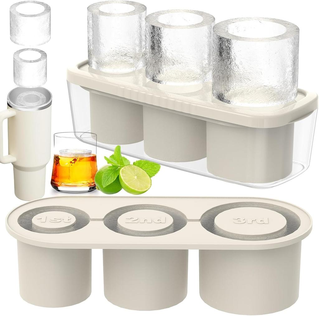 Ice Cube Tray for Tumbler Cup 30Oz-40Oz, 3 Pcs Silicone Cylinder Ice Mold with Lid and Bin for Freezer, Easy Fill and Release Ice Maker