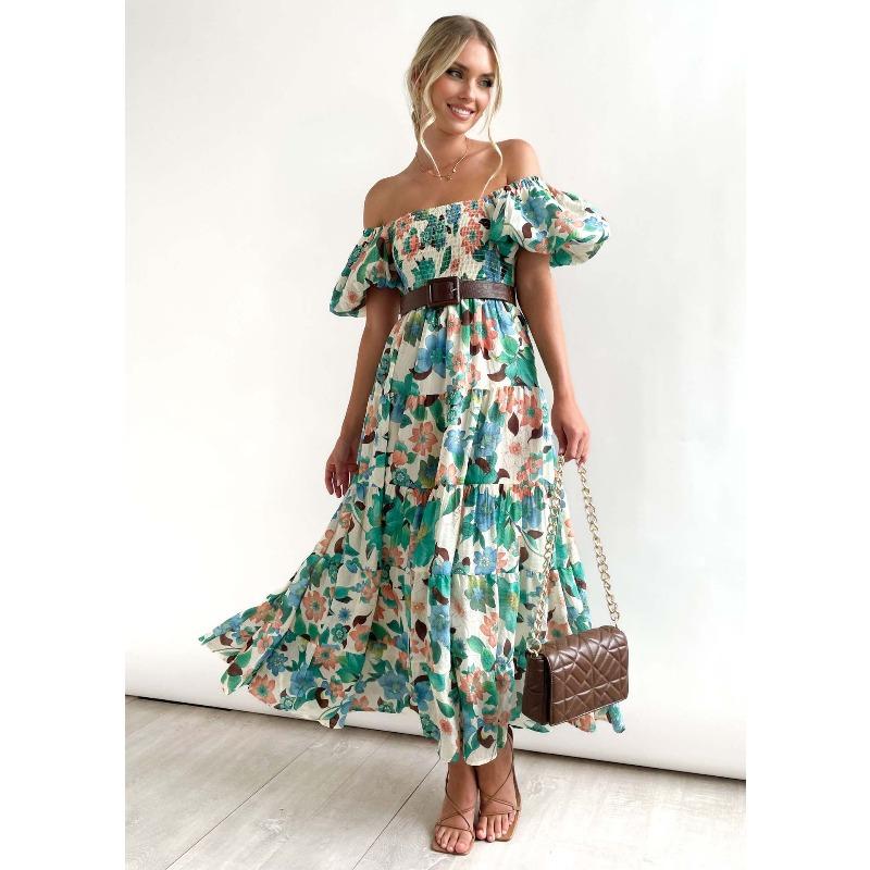 Summer New Bubble Sleeve Holiday Skinny Long Dress Spice Girl High Waist Shoulder Printed Dress Women