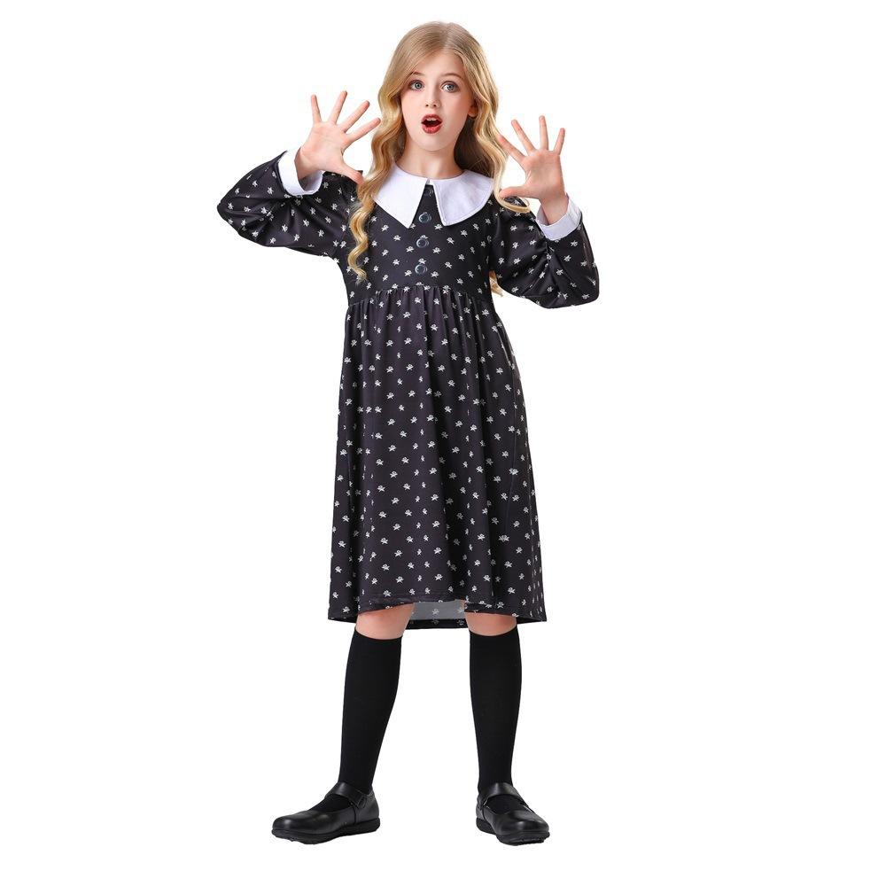New Children's Girls Halloween Adams Costume Party Stage Costume Long Black Dress