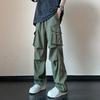 Men Cargo Pants Mid-rise Drawstring Multi Pockets Design Leisure Trousers Solid Color Wide Leg Outdoor Camping Pants Plus Size
