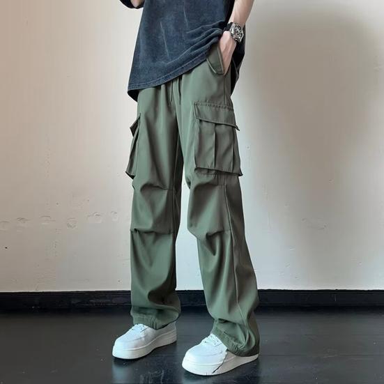 Men Cargo Pants Mid-rise Drawstring Multi Pockets Design Leisure Trousers Solid Color Wide Leg Outdoor Camping Pants Plus Size