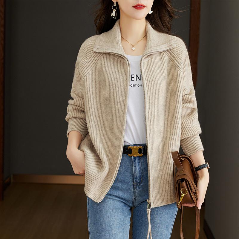 Spring Autumn Middle Aged Mother Zipper Women Knitted Cardigan Sweater Jacket Temperament Versatilet Leisure Ladies Top