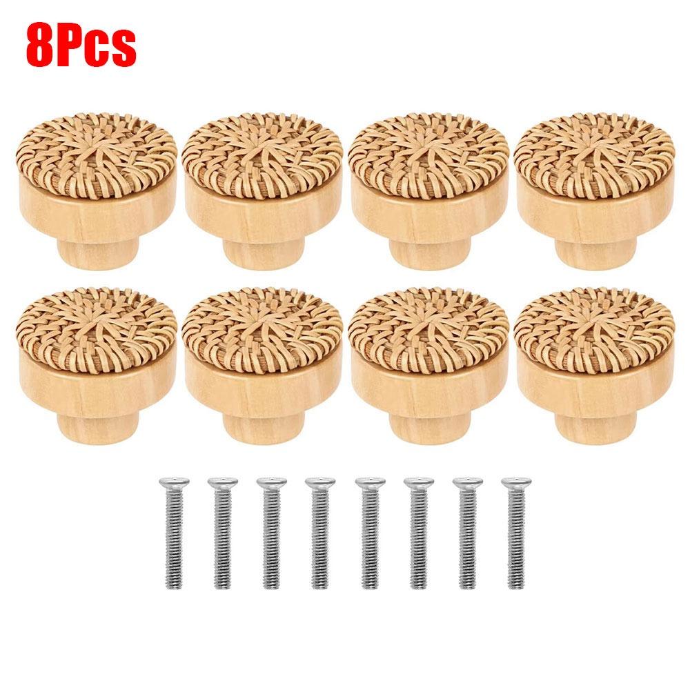 2/4/6/8Pcs Round Rattan Drawer Knobs Solid Wood Door Pulls  Furniture Hardware Accessories