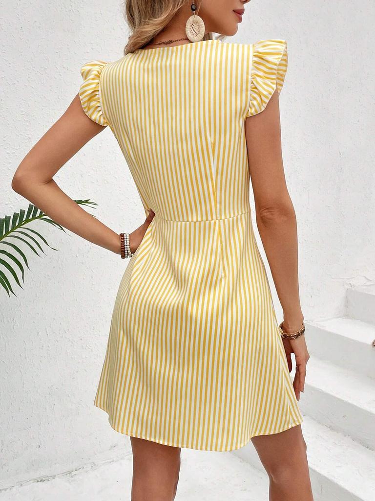 New Summer Women's Fashion Striped Printed V-Neck Flare Sleeve Dress