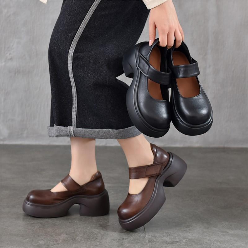 Johnature Thick Soled High Heels Pumps Genuine Leather Round Toe Thick Heel Women's Platform Shoes