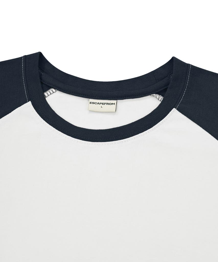 ESCAPEFROM Mini Vintage Cloud Print Raglan Color Block Short Sleeve T-Shirt Navy