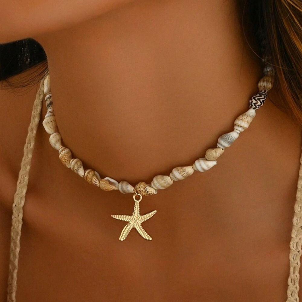 Natural Seashell Necklace Ocean Style Beaded Choker Holiday Conch Pendant Necklace  for Women