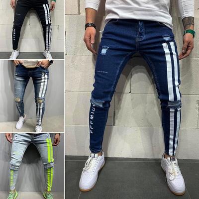 Kot Erkek Skinny Çizgili Fermuarlı Denim Yırtık Yıkanmış Vintage Hip Hop İş Pantolonu Slim Baskılı Kot Avrupa Büyük Beden