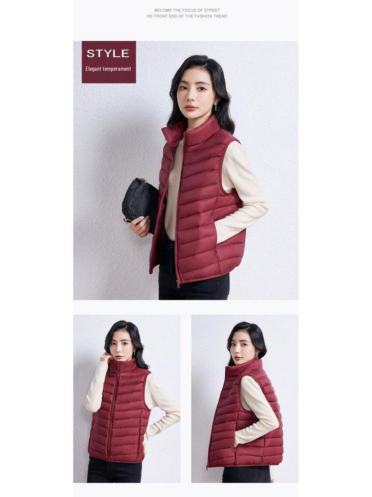 Women's Lightweight White Duck Down Vest: Short Stand-Up Collar Inner Layer for Winter