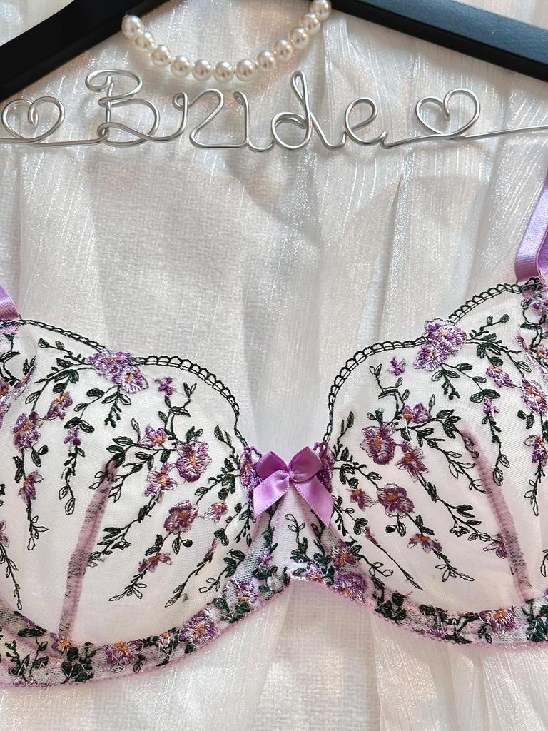 Floral Embroidered See-Through Lingerie Set with Sexy Gathering Bra for Women