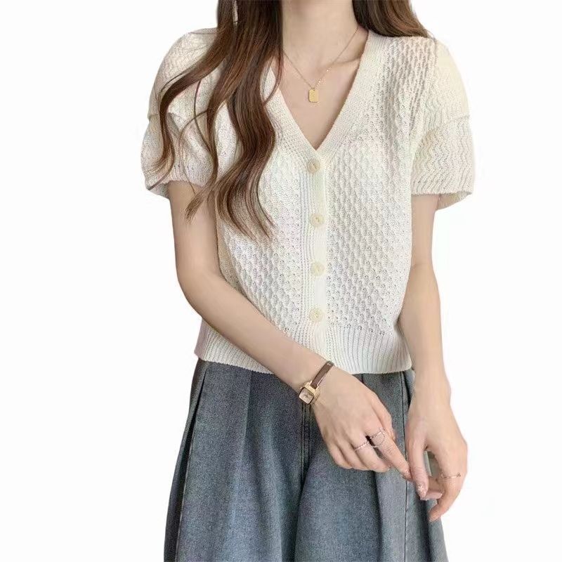 Short Sleeved Knitted Shirt for Summer Women's Clothing Hollowed Out Ice Silk Cardigan for Outerwear