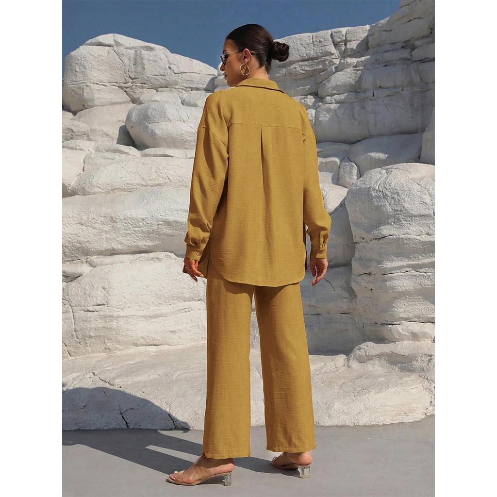 Beach Vacation Solid Color Loose Casual Shirt Skirt Two-piece Suit Women Spring and Summer