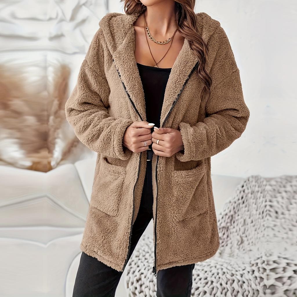 Women's Winter Plush Hooded Jacket Casual Zip-Up Coat With Pockets Soft Fleece  For Fall Winter Winter Jacket